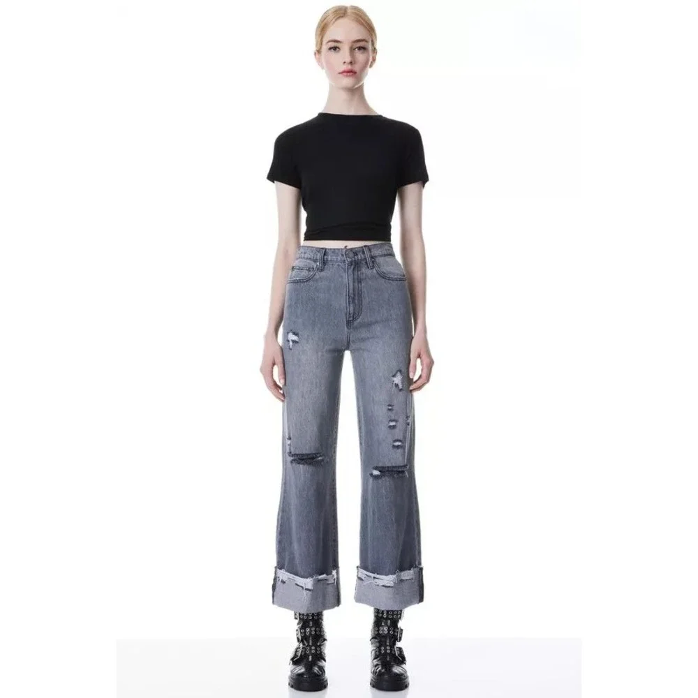 Alice‎ + Olivia Amazing High Rise Wide Leg Distressed Grey Jeans CD379102NTW 28